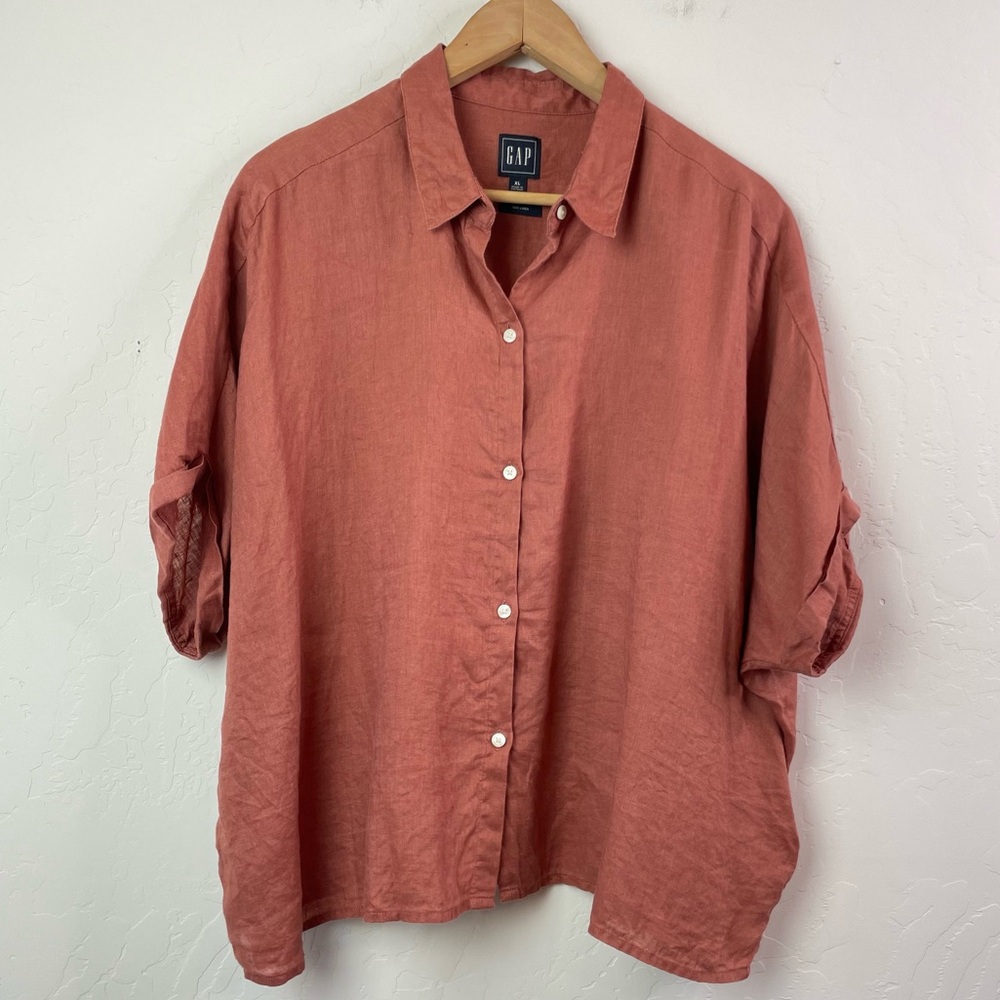 Gap Short Sleeve Dolman Linen Shirt Women’s Collared Boxy Button Front Top in XL - Picture 2 of 15